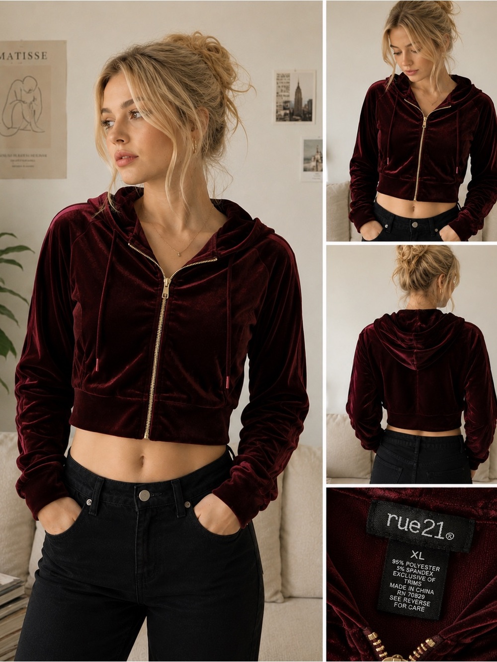 Rue21 Burgundy Velour Cropped Hoodie Y2K Track Jacket XL
